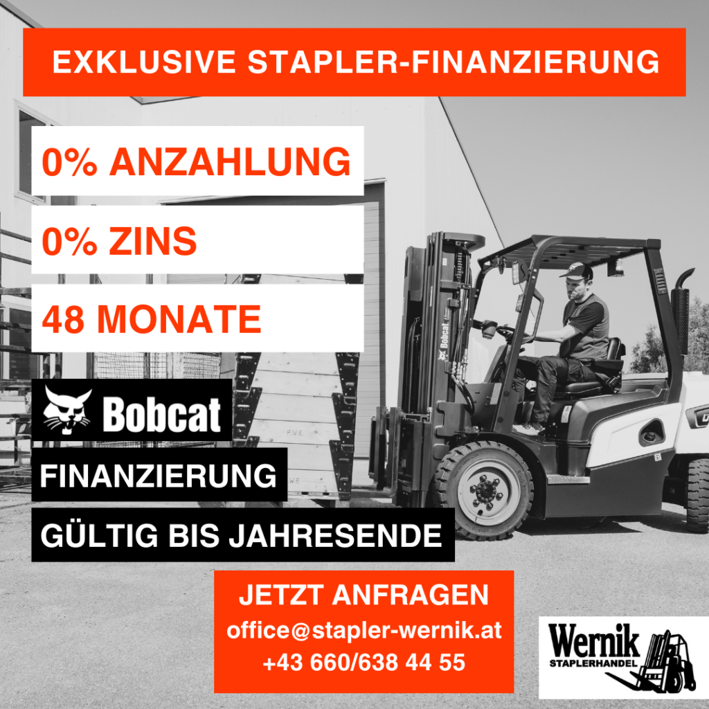 EXKLUSIV: Bobcat Stapler Finanzierung – 0 % Zinsen bis 60 Monate 1 Bobcat Stapler Finanzierung 48 Monate 0 % Zinsen